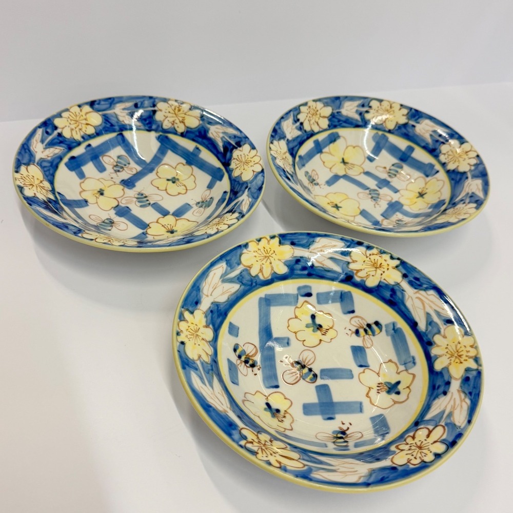 Honey Bee Handpainted Ceramic Cereal Soup Bowls Blue Yellow Flower Set of 3